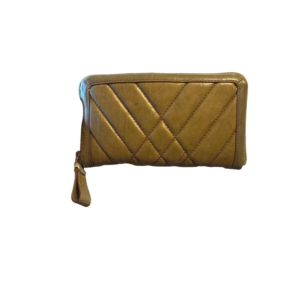 Perlina New York Olive Green Quilted Leather Zip Around Wallet Leopard‎ Lining